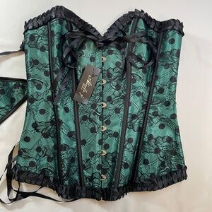 Bustier/G-String L Green Black Floral Polka Dot Lace Corset Renaissance Fair NWT